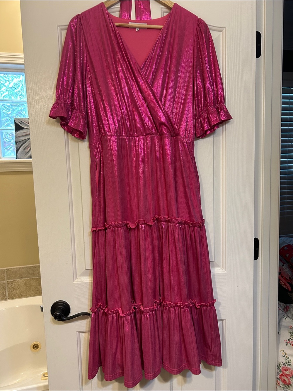 Ivy City Co Shimmer Fuchsia Wrap Midi Dress